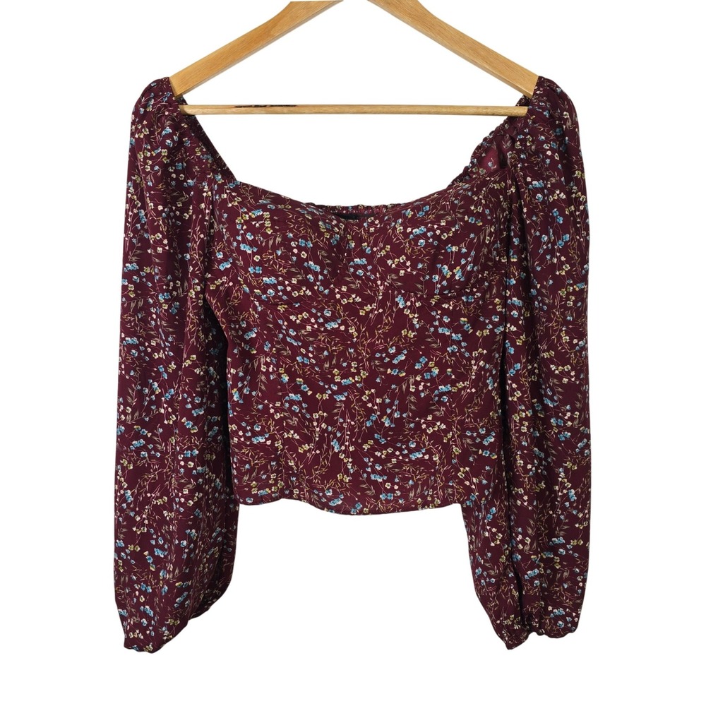 Reset by Jane Burgundy Floral Smocked Back Puff Sleeve Crop Top Womens Medium‎